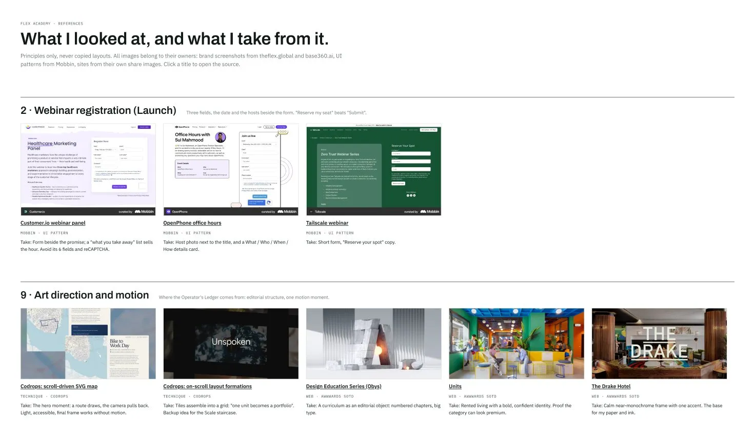 Part of the References board in Figma: webinar sign-up patterns and art direction references, each with a written takeaway