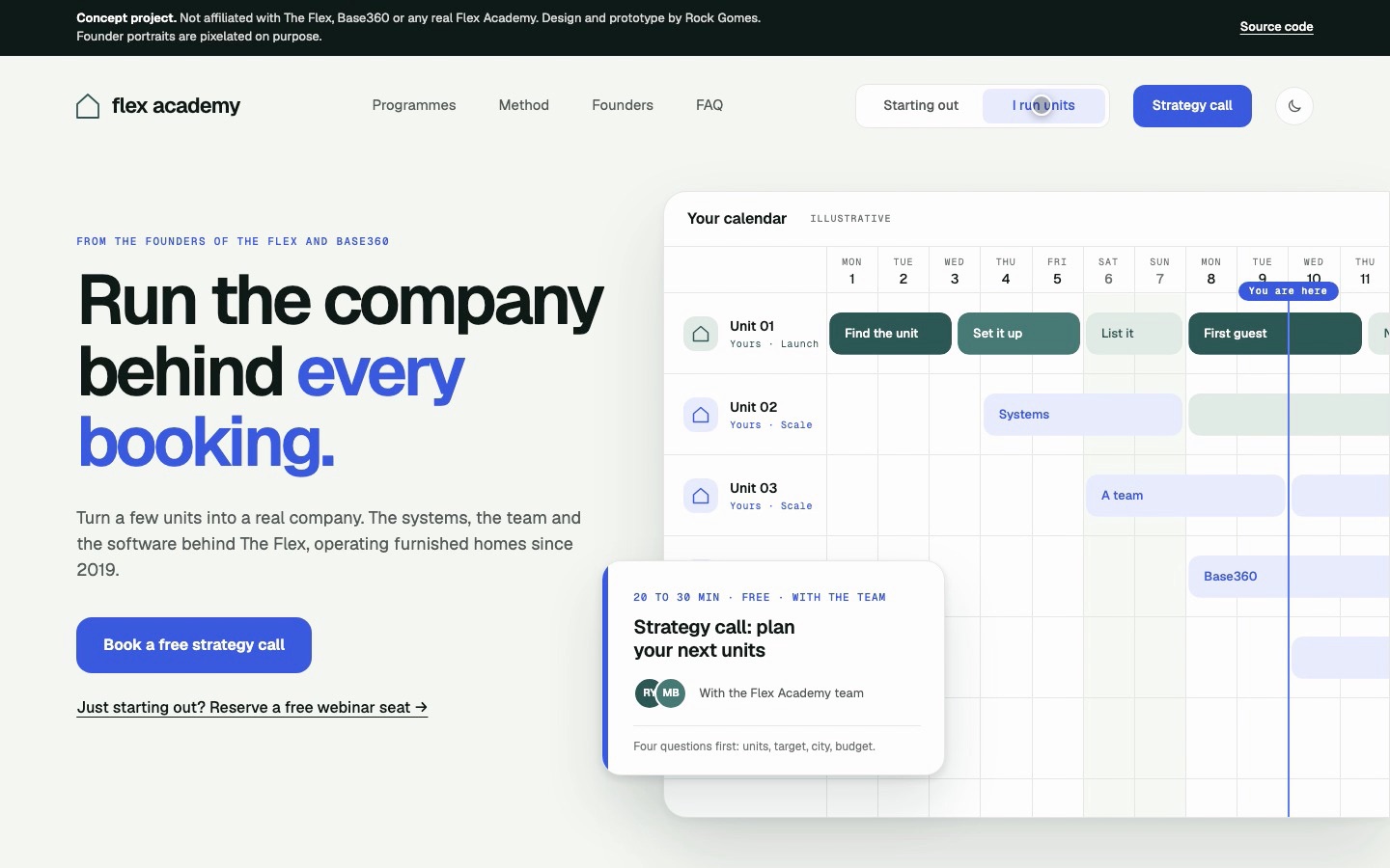 The Flex Academy hero for an operator: "Run the company behind every booking", a strategy call button and a calendar with several units.